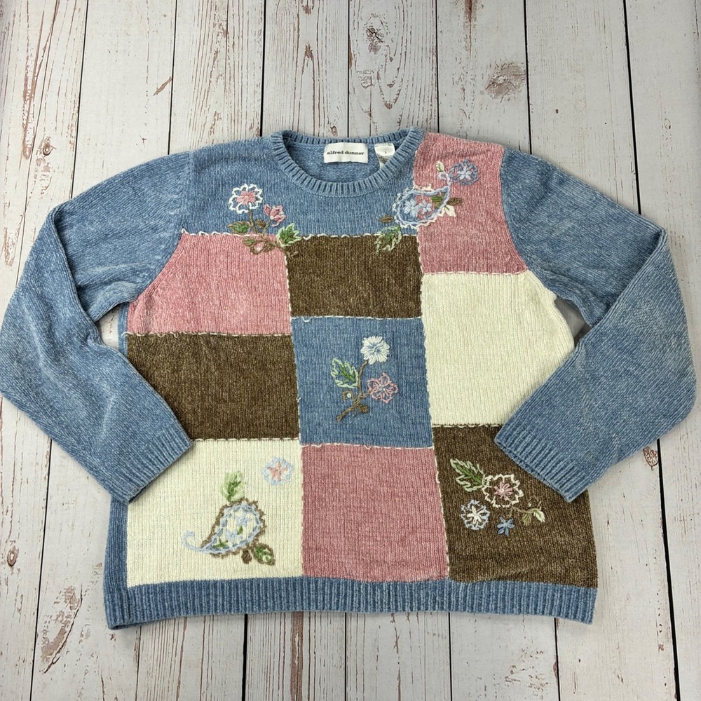 Alfred Dunner Womens Large Blue Patchwork Floral Embroidered Chenille Sweater